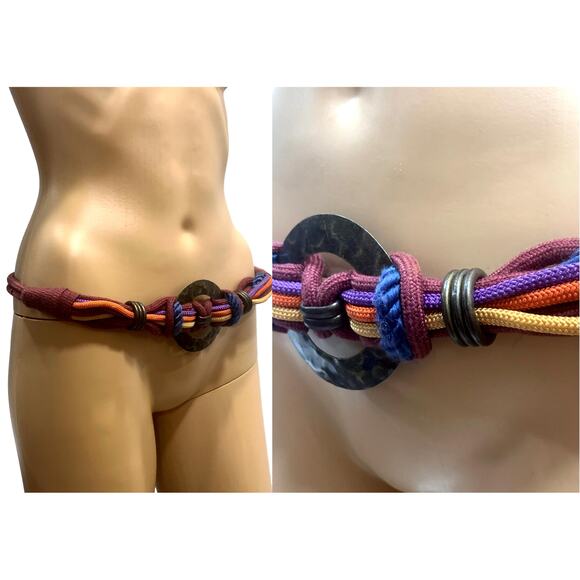 Multi Color Earthy Obi Knot Belt w Brass Rings | Gypsy Boho | 34 - 40" - Picture 5 of 10